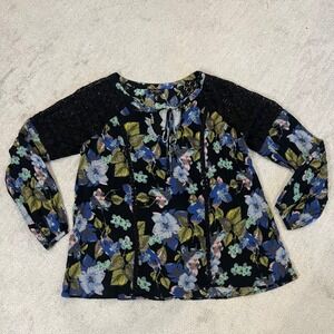 Jessica Simpson Floral Blouse Black Lace Sleeve Top Fairycore Cottagecore Garden